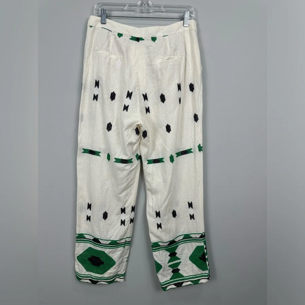 Zara White Embroidered Linen Blend Pants Trousers Size Large